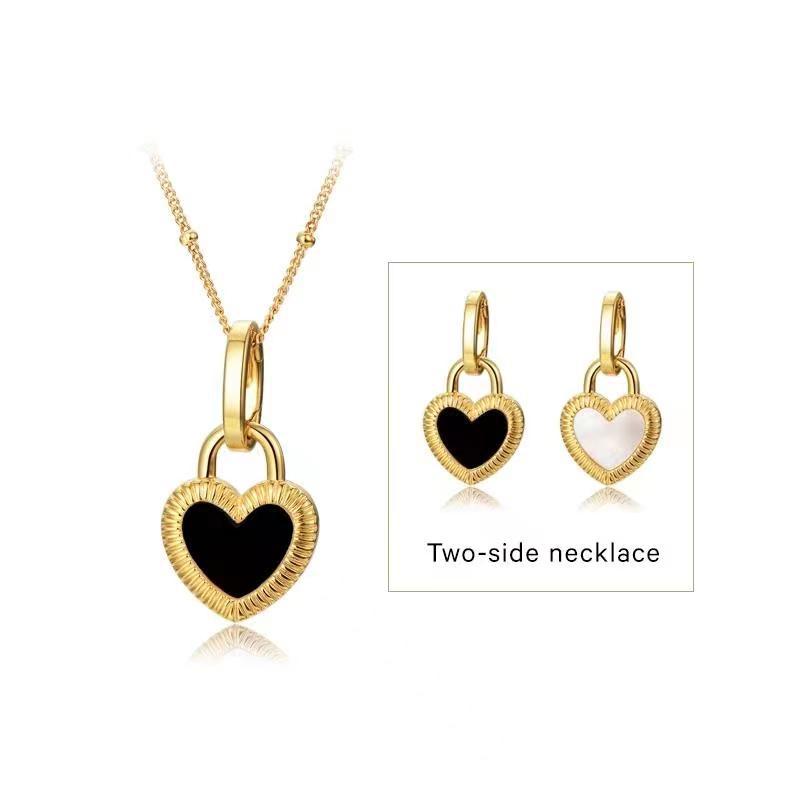 Heart Reversible Pendant Necklace, 925 Silver, 18k Gold Plated,Black Onyx And White Mother-Of-Pearl