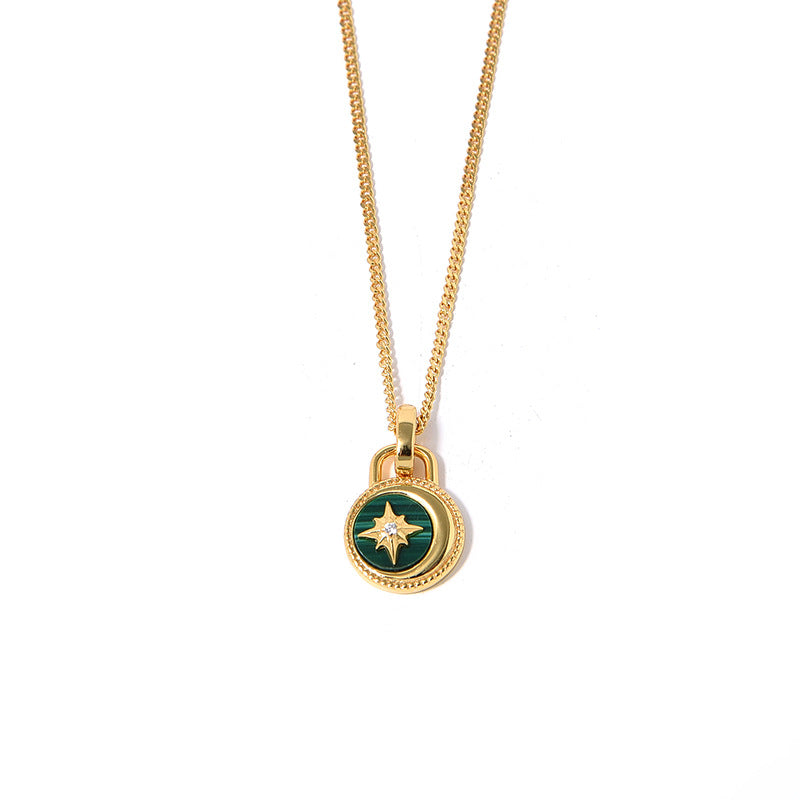 Clytia Love Moon And Stars Necklace,925 Silver, 18k Gold Plated,Green Malachite