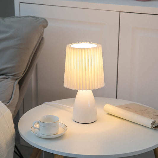Lámpara de mesa con base de vidrio y pantalla plisada retro escandinava