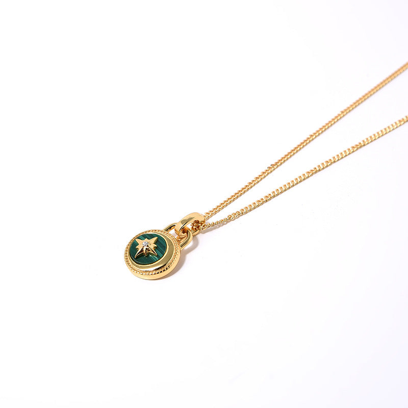 Clytia Love Moon And Stars Necklace,925 Silver, 18k Gold Plated,Green Malachite