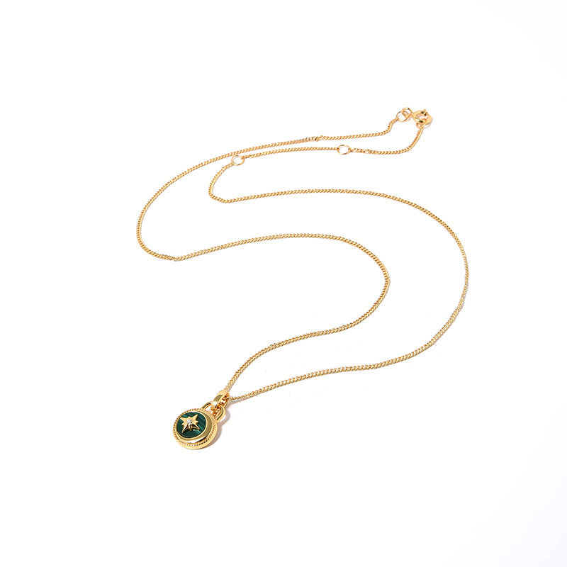 Clytia Love Moon And Stars Necklace,925 Silver, 18k Gold Plated,Green Malachite