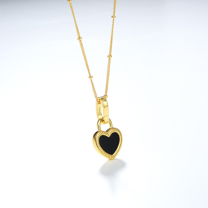Heart Reversible Pendant Necklace, 925 Silver, 18k Gold Plated,Black Onyx And White Mother-Of-Pearl