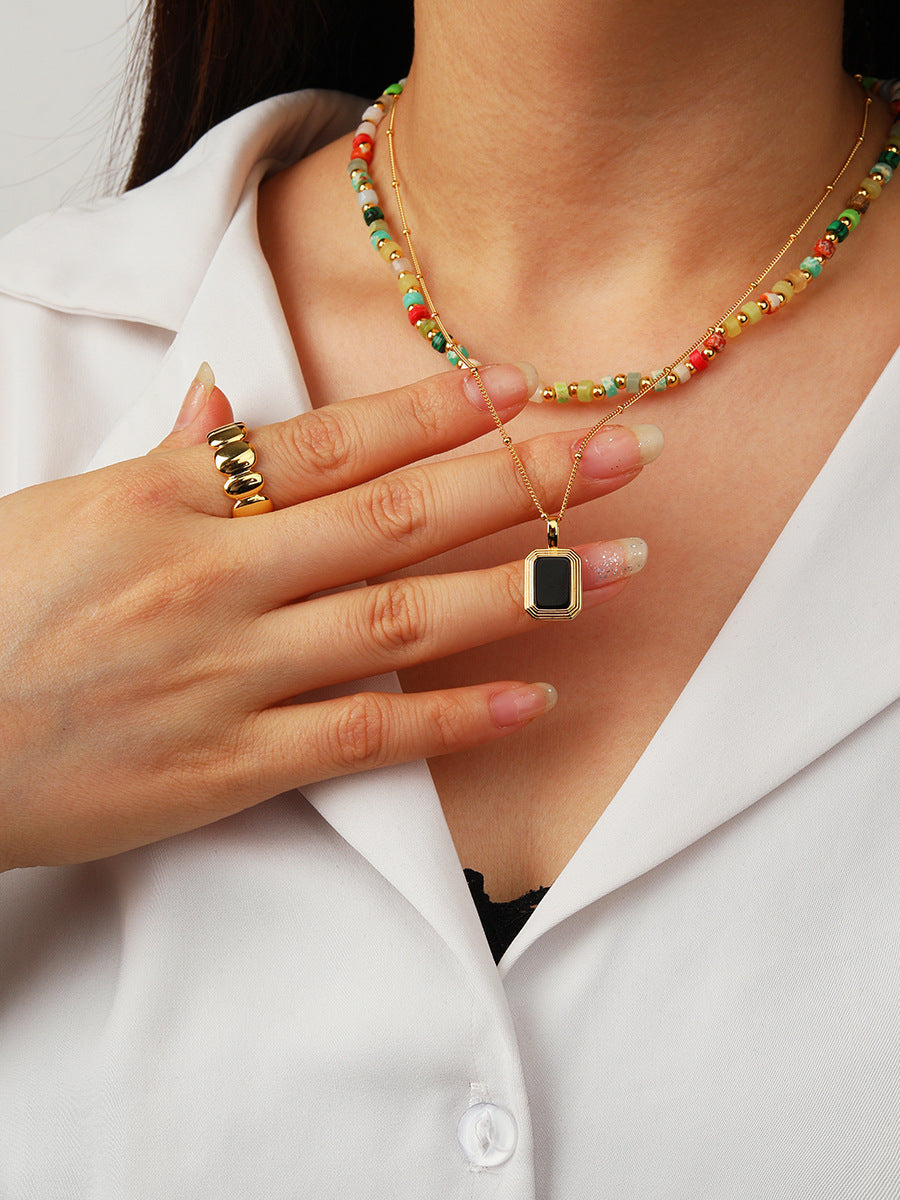 Square Reversible Pendant Necklace, 925 Silver, 18K Gold Plated, Black Onyx & White Mother-of-Pearl