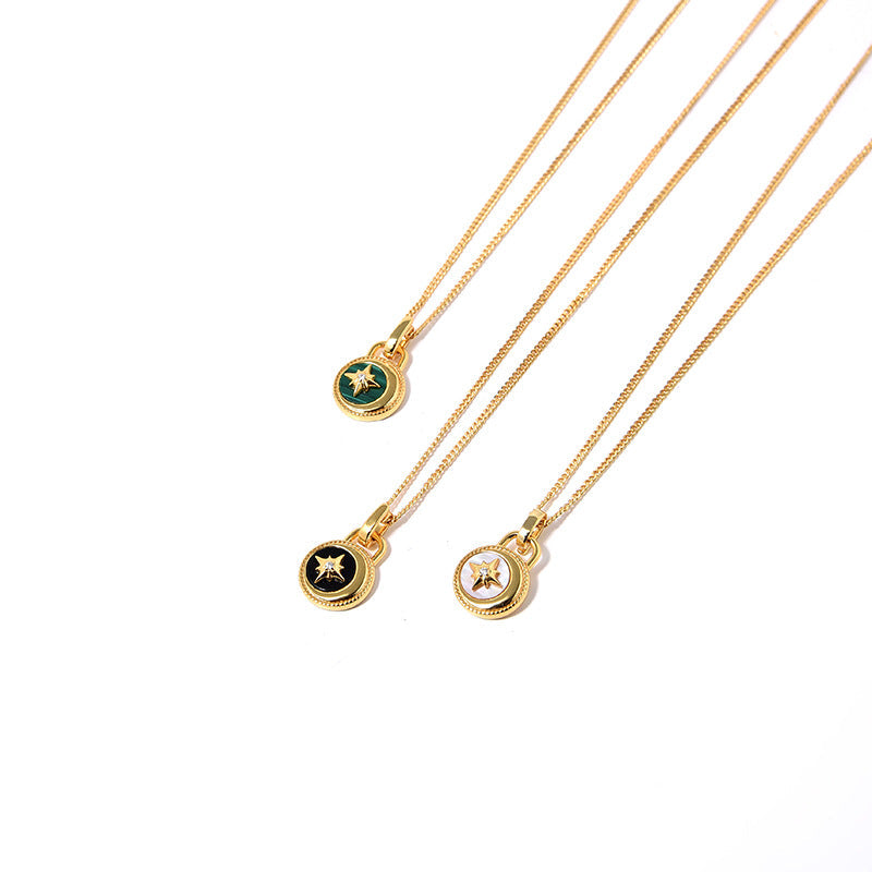 Clytia Love Moon And Stars Necklace,925 Silver, 18k Gold Plated,Green Malachite