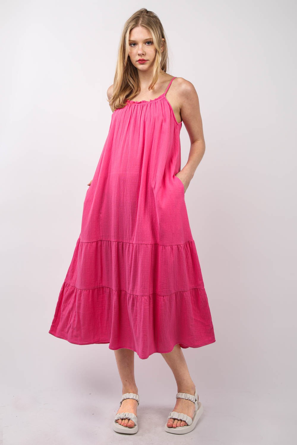 Cotton Gauze Ruffled A-Line Midi Cami Dress