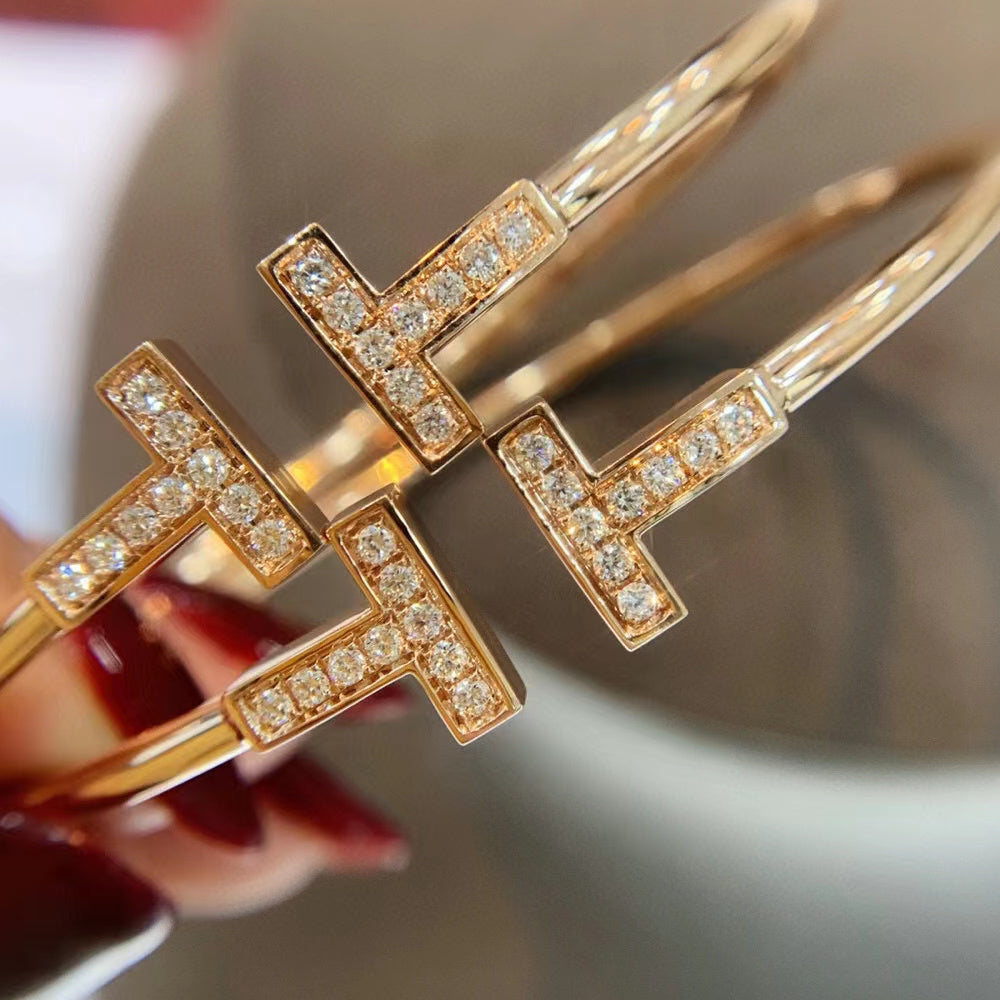 T Bangle – 18k Yellow Gold Plated, Inlaid Cubic Zircon