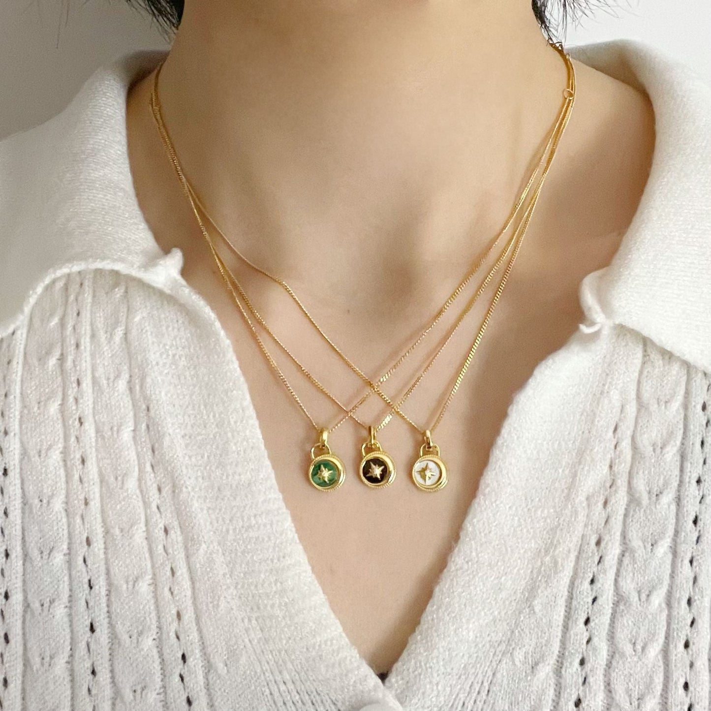 Moon & Stars Necklace, 925 Silver, 18K Gold Plated, Green Malachite