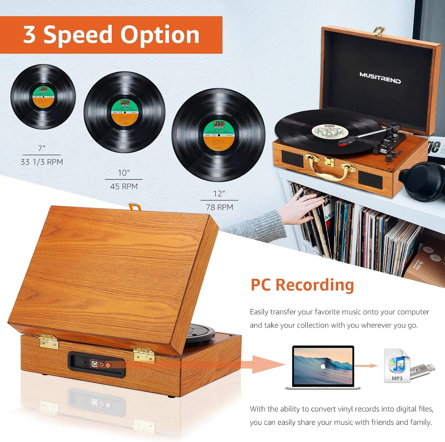 Vintage Suitcase-Style Vinyl Turntable Record Player