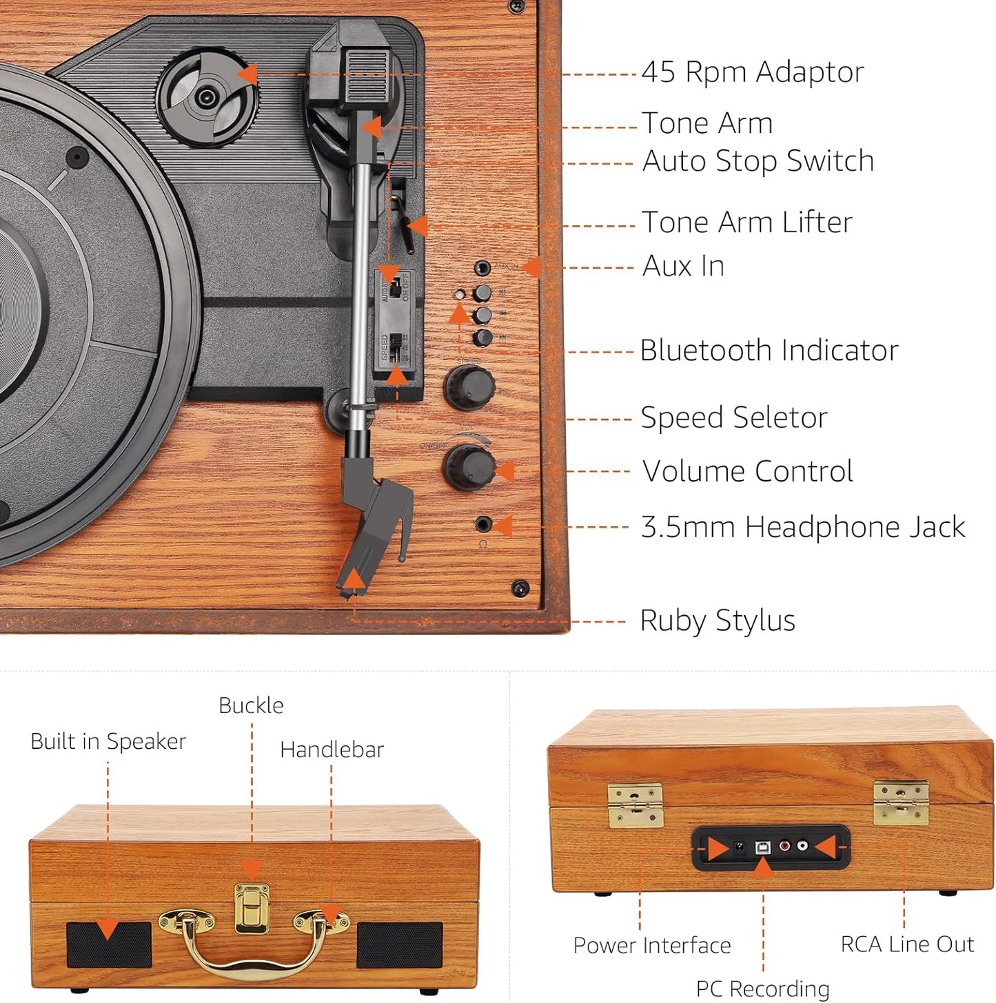 Vintage Suitcase-Style Vinyl Turntable Record Player