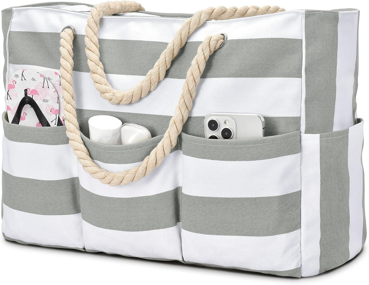 Ventayo – Large Canvas Beach Tote Bag with Zipper & Waterproof Design | Versatile 7-Pocket Storage for Sand-Free Fun