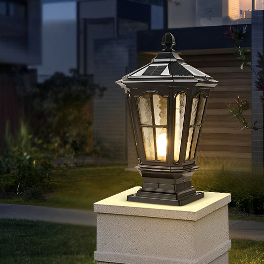 Luz de poste de cerca con forma de pabellón retro y energía solar