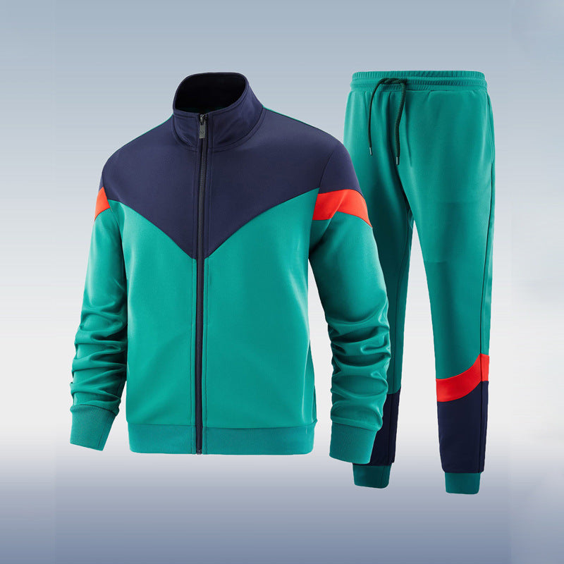 Green and navy tracksuit with red accents on a light gray background