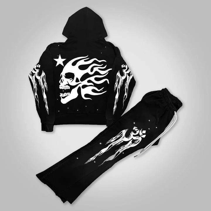 Black hoodie and pants set with white skull and flame design on a gray background