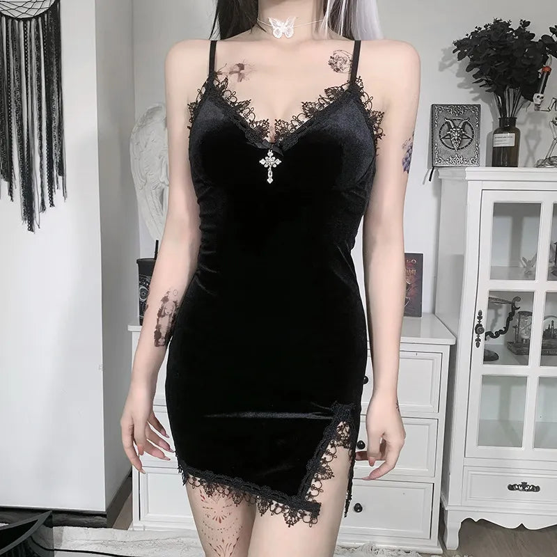 High Waist Slit Dresses Goth Party Dark Cross Black Mini Dress