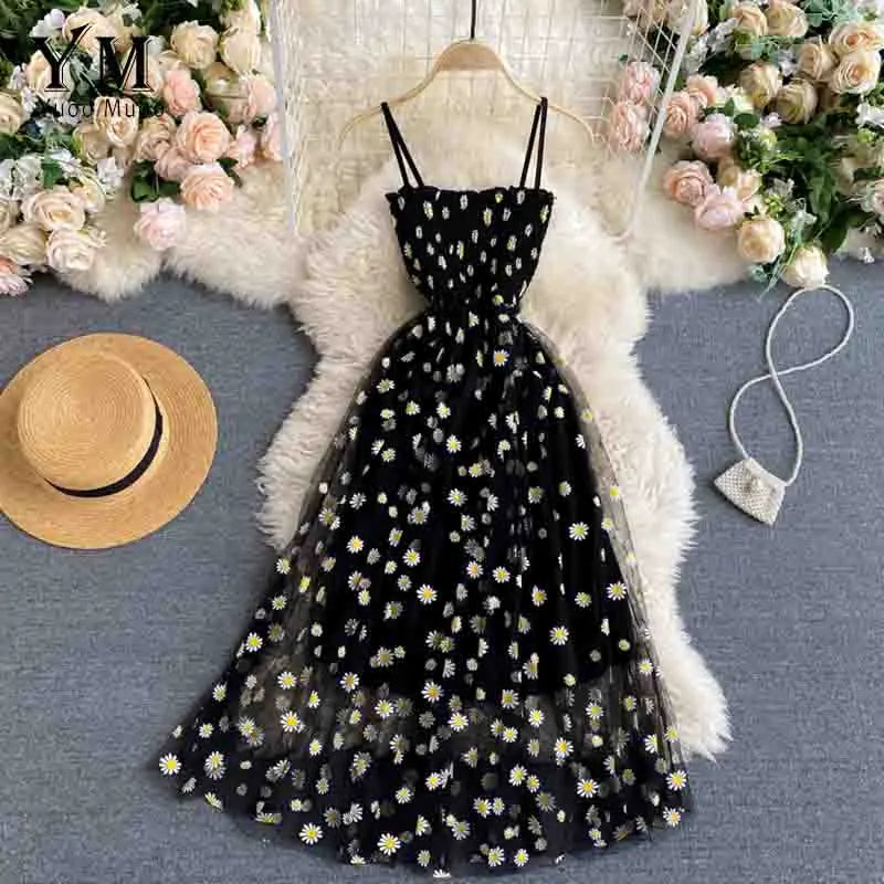Korean Fashion Daisy Flower Print Mesh Party Dress