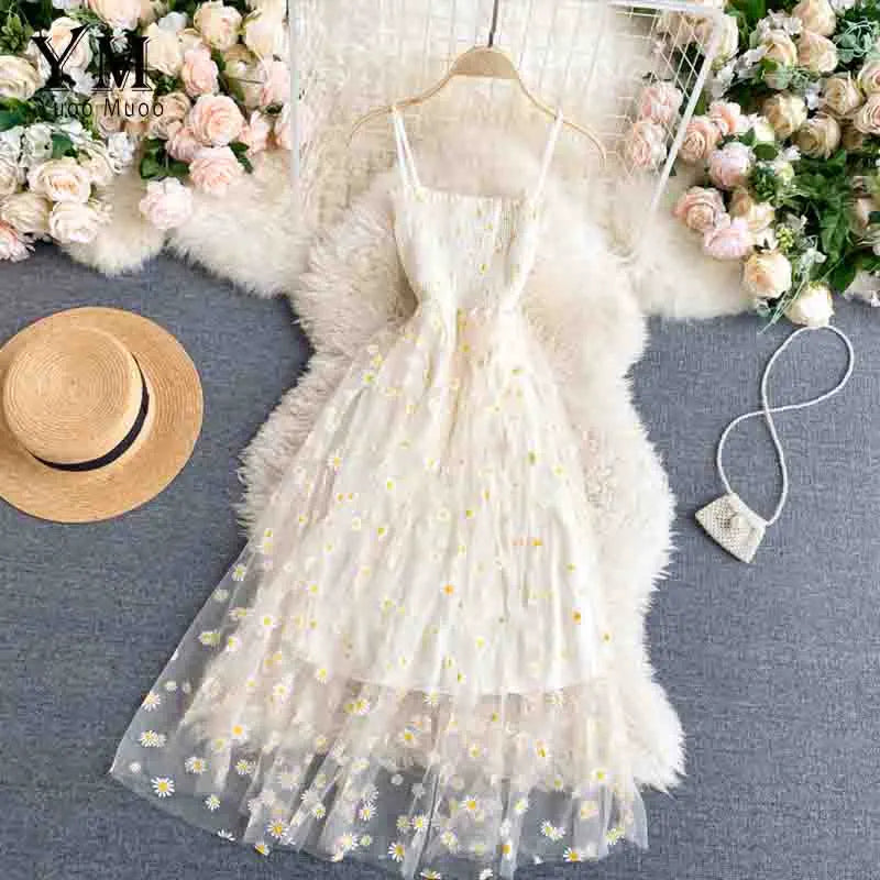 Korean Fashion Daisy Flower Print Mesh Party Dress