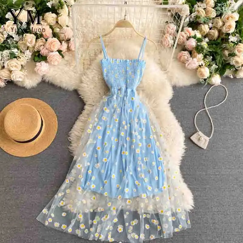 Korean Fashion Daisy Flower Print Mesh Party Dress