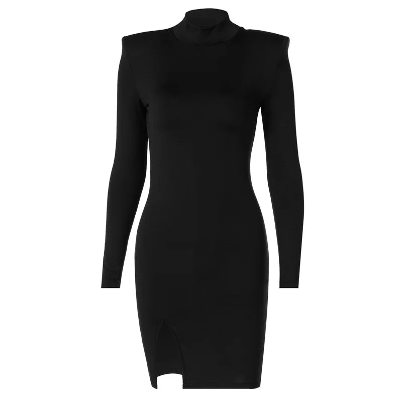 Long Sleeve Bodycon Soild Color Black Slim Package Hip Mini Dress