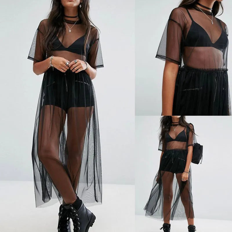 Sexy Women Party Evening Black See Through Mesh Dress Sheer Maxi Dress