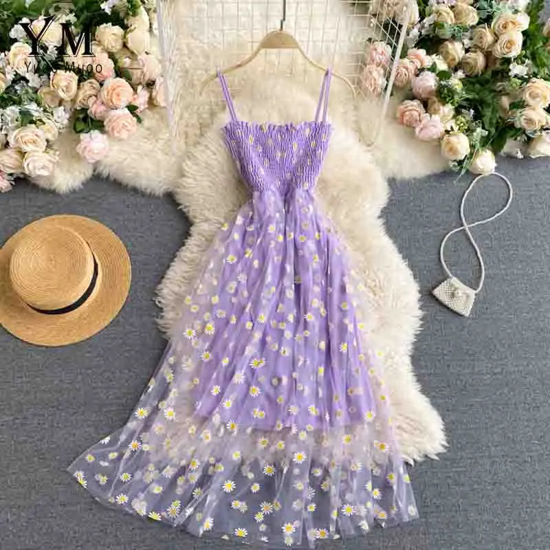 Korean Fashion Daisy Flower Print Mesh Party Dress