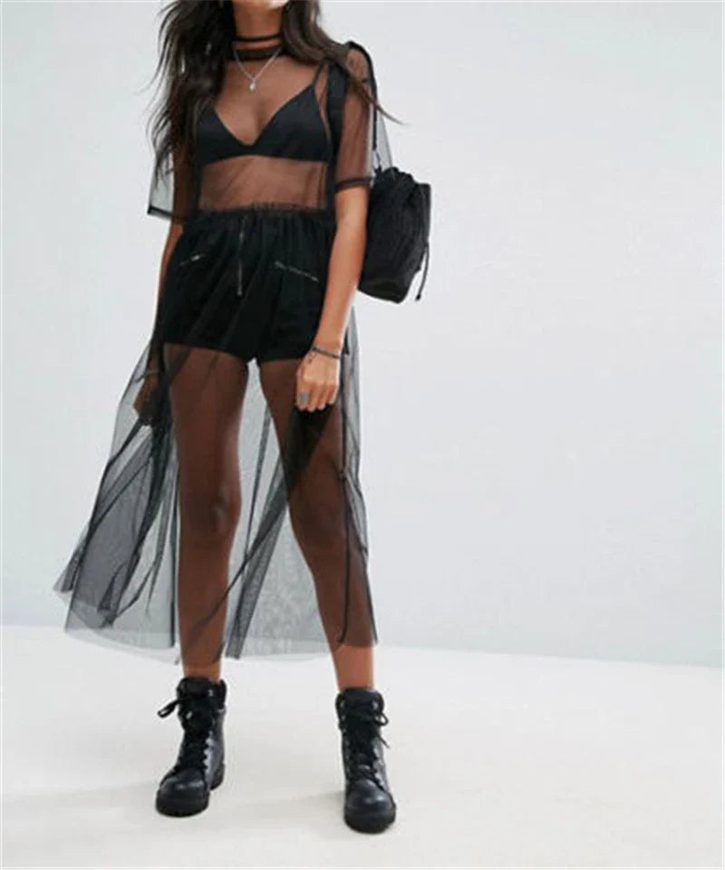 Sexy Women Party Evening Black See Through Mesh Dress Sheer Maxi Dress