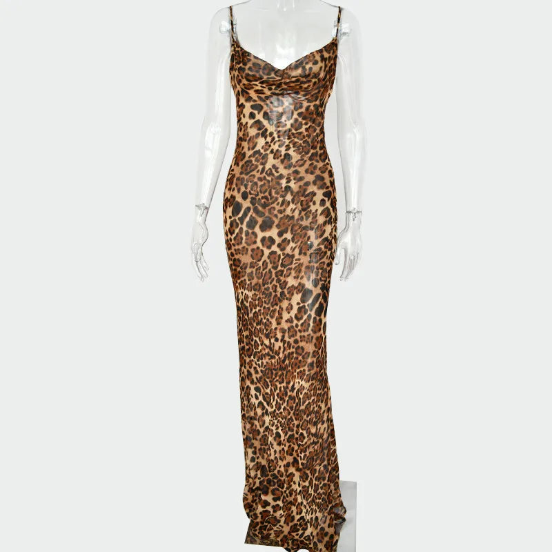 Leopard Print V-Neck Sexy Bodycon Long Straps Party Dress