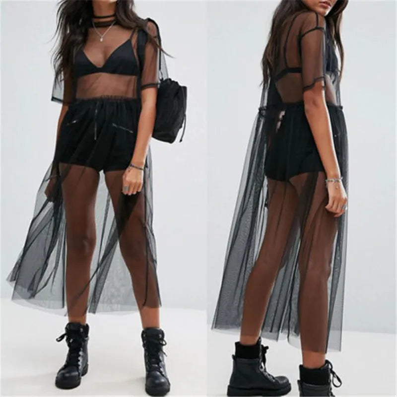 Sexy Women Party Evening Black See Through Mesh Dress Sheer Maxi Dress