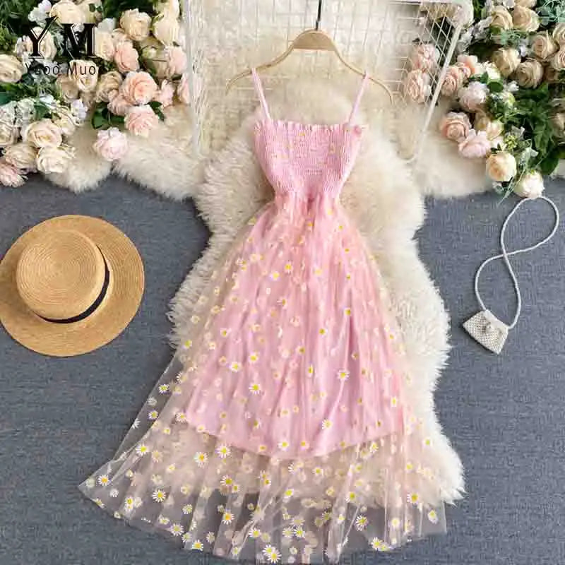 Korean Fashion Daisy Flower Print Mesh Party Dress
