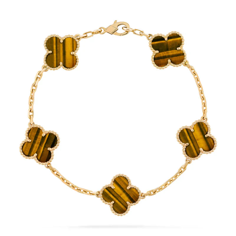 925 Sterling Silver Tiger Eye Gold Clover Bracelet