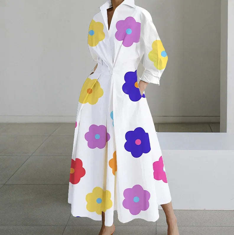 Long Sleeve Dot Print Elegant Maxi V Neck Shirt Party Long Dress