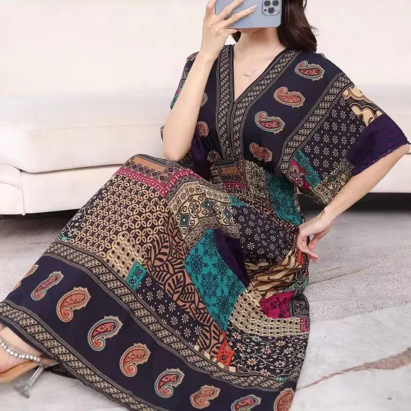 Elegante vestido impreso de estilo retro con escote en V, túnica grande de vuelo, falda larga