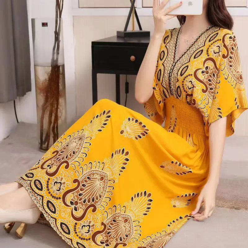 Elegant Retro Style V-neck Tunic Large Swing Printed Dress Long Skirt