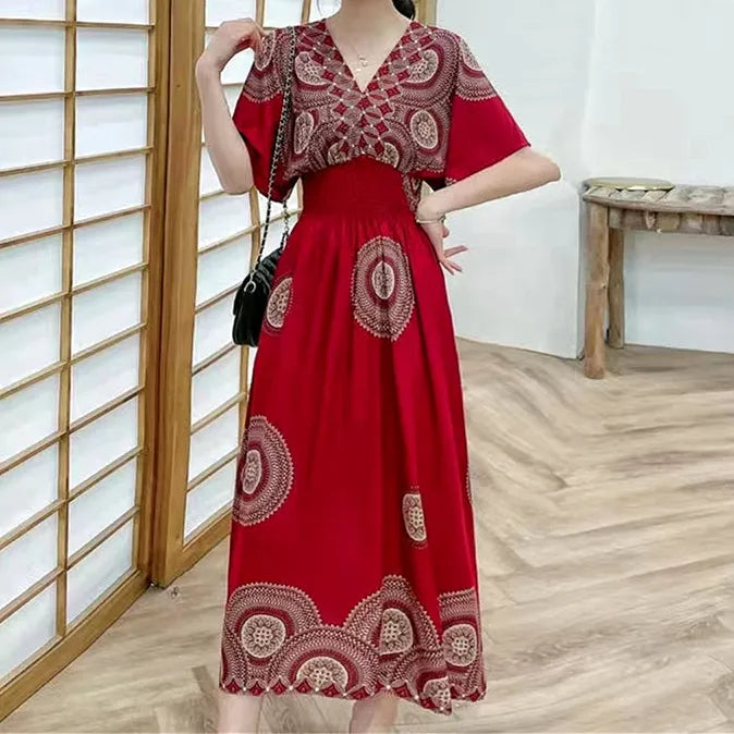 Elegant Retro Style V-neck Tunic Large Swing Printed Dress Long Skirt