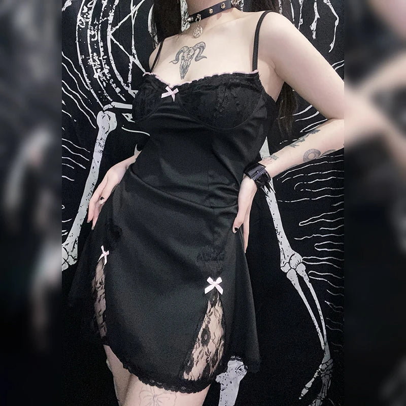 Cute Sweet Girl Lace Trim Outfits Sleeveless V Neck Black Mini Dress