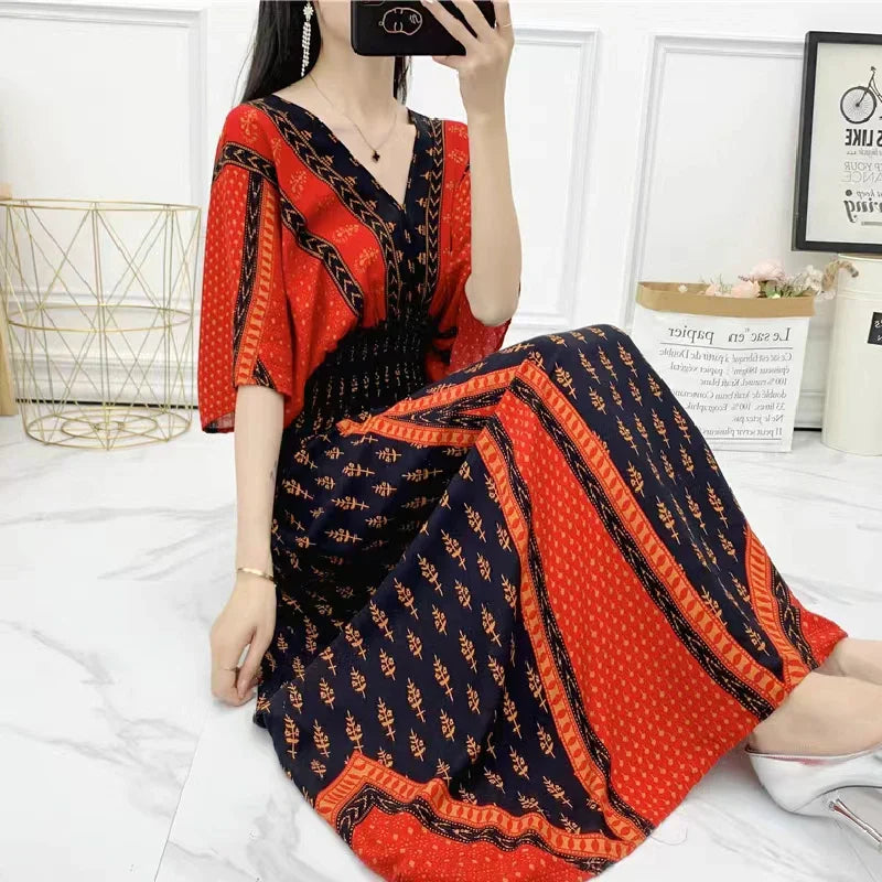 Elegante vestido impreso de estilo retro con escote en V, túnica grande de vuelo, falda larga