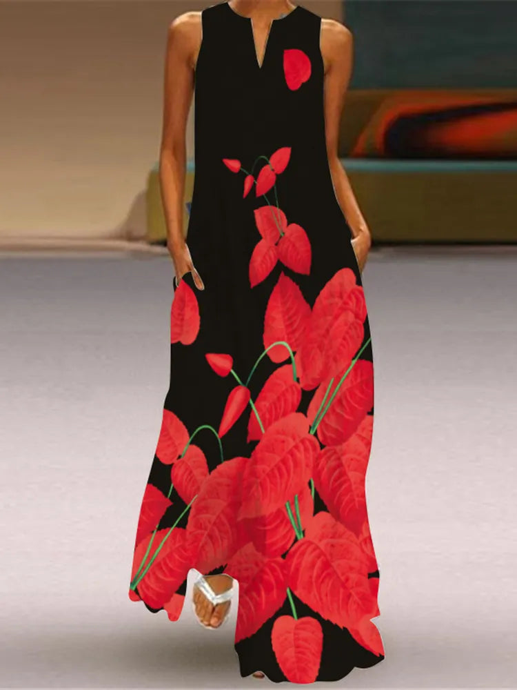 Black Sleeveless V-neck Loose Print Vintage Beach Party Dresses