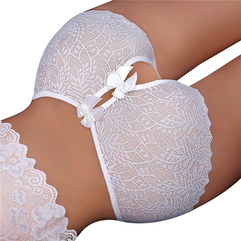 Erotic Sexy Open Lace Panties Transparent Bow Low Waist Underpants Lingerie