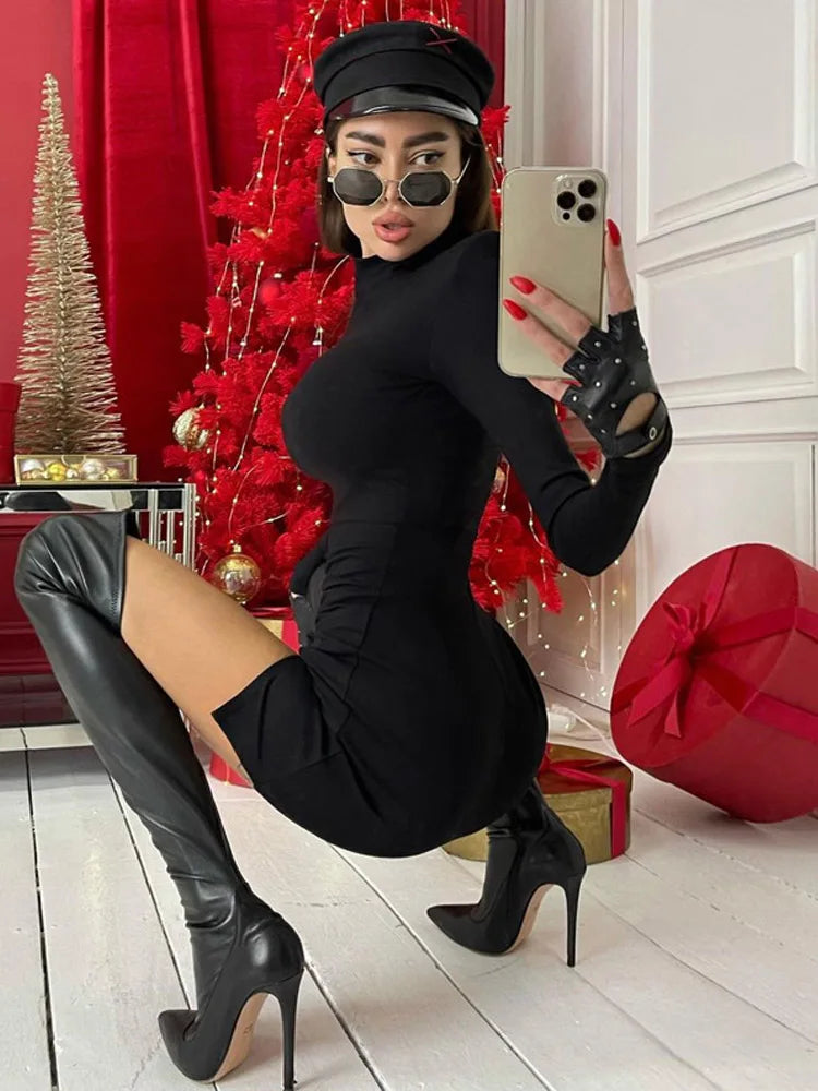 Long Sleeve Bodycon Soild Color Black Slim Package Hip Mini Dress