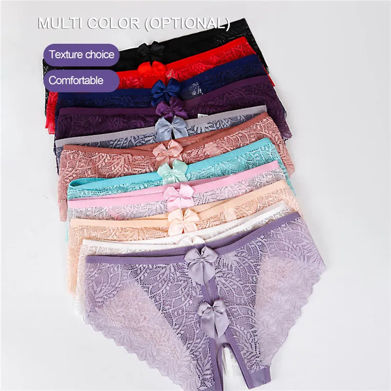 Erotic Sexy Open Lace Panties Transparent Bow Low Waist Underpants Lingerie