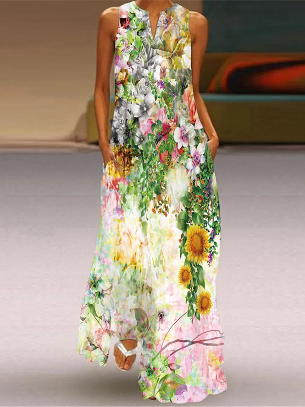 Black Sleeveless V-neck Loose Print Vintage Beach Party Dresses