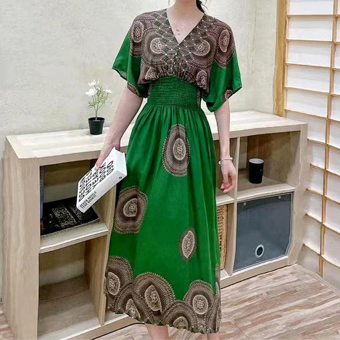 Elegante vestido impreso de estilo retro con escote en V, túnica grande de vuelo, falda larga