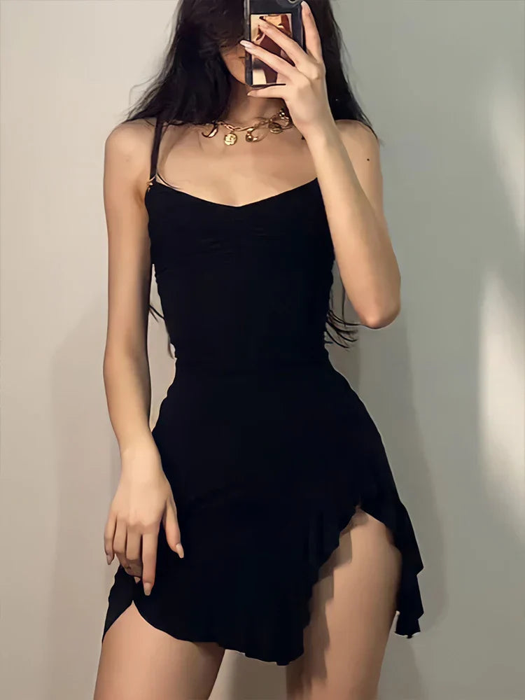 Sleeveless Streetwear Strap Backless Bodycon Folds Split Sexy Mini Dress