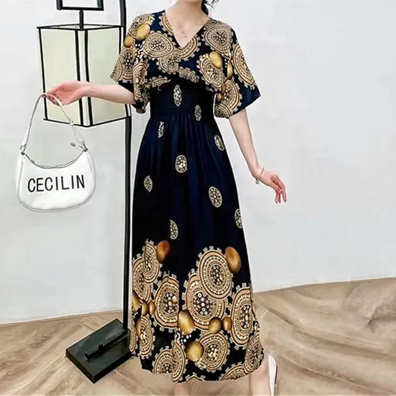 Elegante vestido impreso de estilo retro con escote en V, túnica grande de vuelo, falda larga