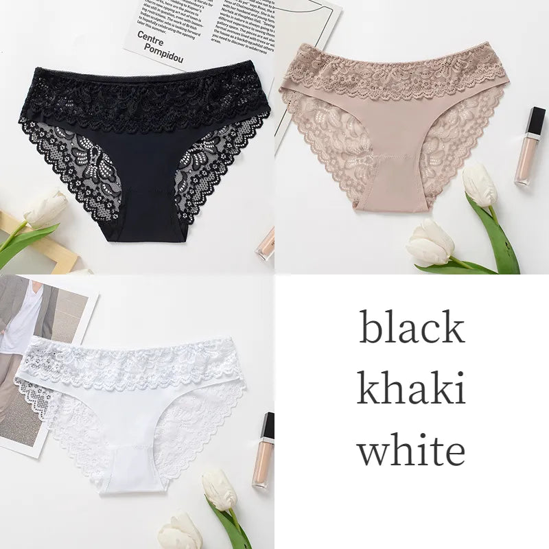 3PCS/Set Women's Panties Lace Silk Satin Underwear Sexy Lingerie Underpants