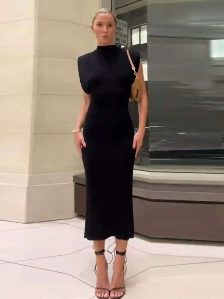 O Neck Slim Midi Sexy Rear Split Sleeveless Bodycon Dress