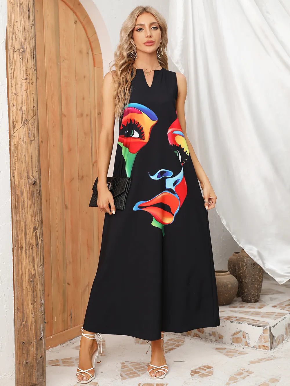 Black Sleeveless V-neck Loose Print Vintage Beach Party Dresses