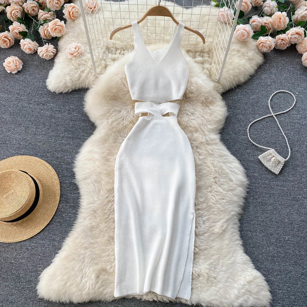 Sexy Cut Out Waist Package Hips Split Bodycon Dress Knitted Party Sundress