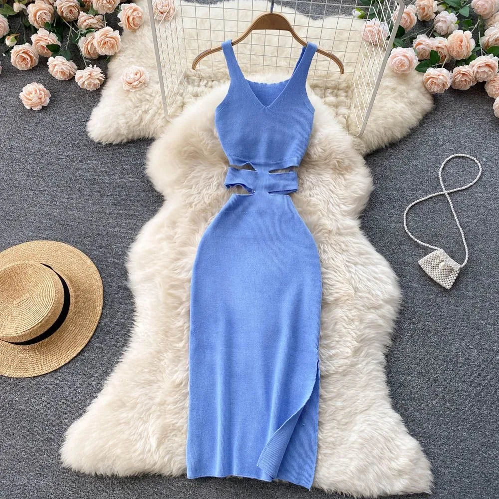Sexy Cut Out Waist Package Hips Split Bodycon Dress Knitted Party Sundress