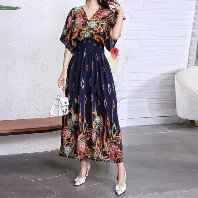 Elegant Retro Style V-neck Tunic Large Swing Printed Dress Long Skirt