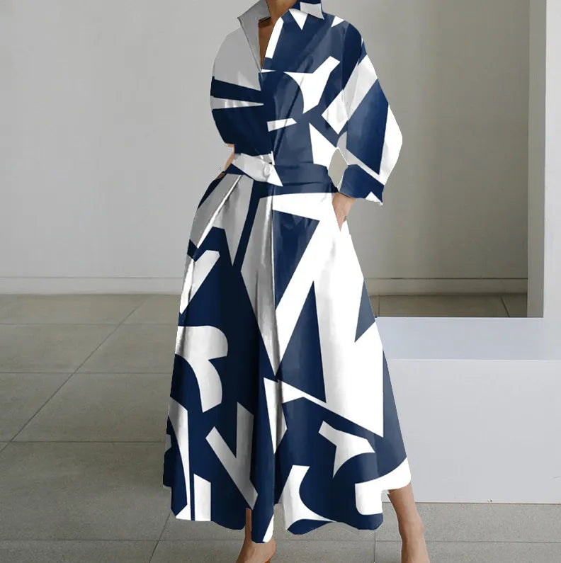 Long Sleeve Dot Print Elegant Maxi V Neck Shirt Party Long Dress